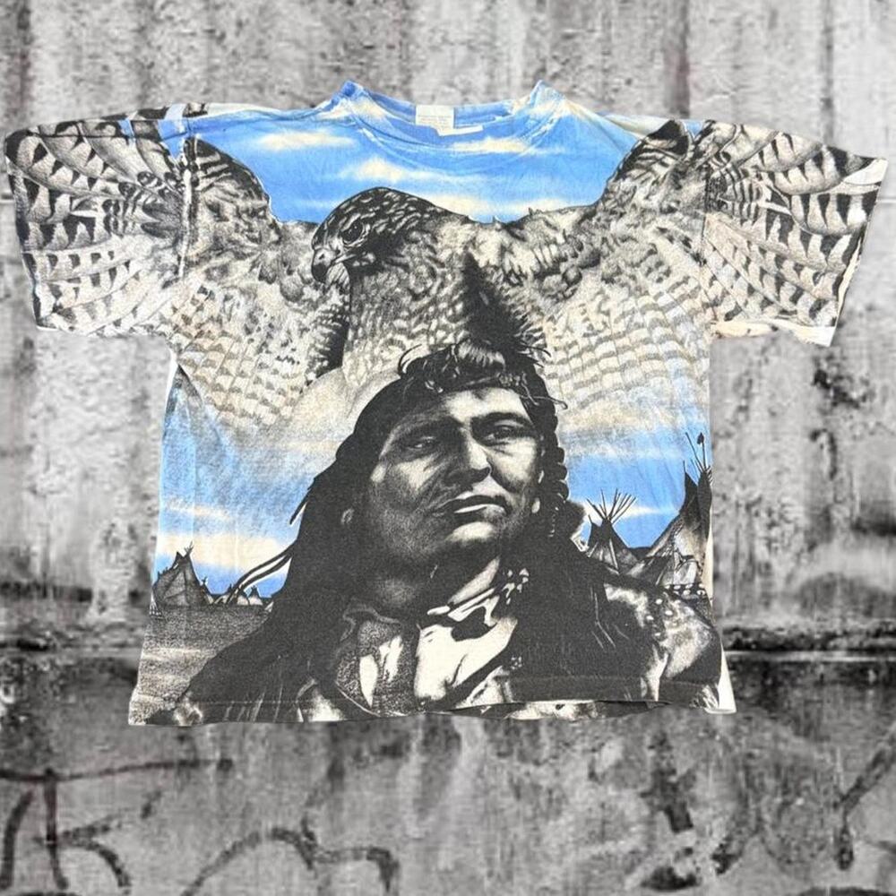 Vintage 90s Native American Eagle All Over Print T-Shirt Ladies XL AOP